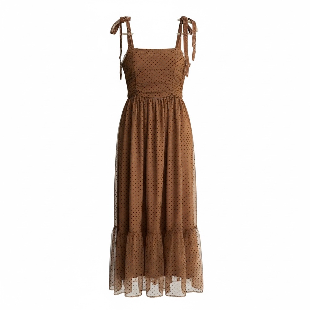 Entro Camel Polka Dotted Mesh Overlay Shoulder Tie Maxi Dress Medium Fairycore - Picture 8 of 16